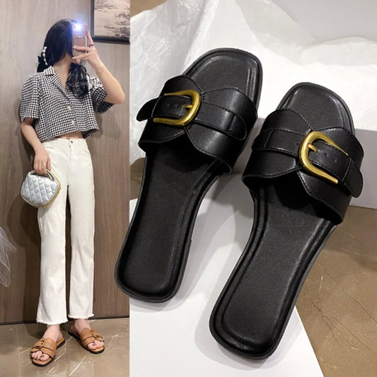 Summer Women Slippers Leather Square Toe Women Flats Flip Flops Designer Ladies Slides Sandals Women Shoes Luxury Sandals